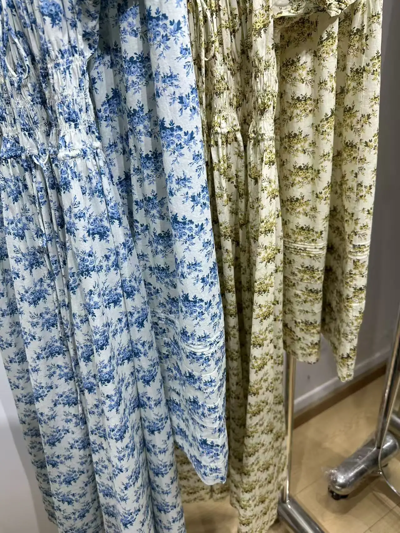 Flower Print Women 100% Cotton Long Skirt Yellow or Blue High Waist A-Line Loose Ladies Jupe