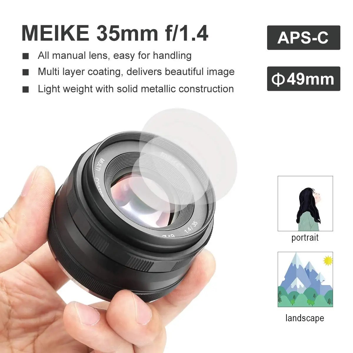 Meike 35mm F1.4 APS-C Manual Focus Large Aperture Wide Angle Prime Lens for for M43 Fujifilm X Sony E Canon EFM Nikon Z
