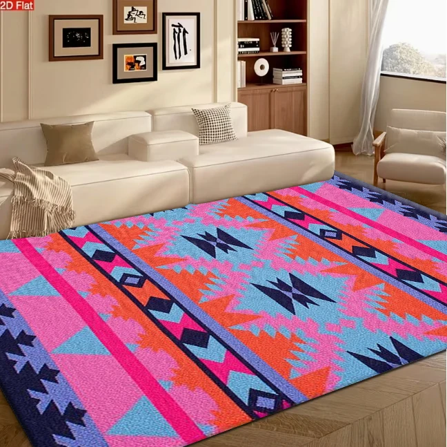 Pink Orange Blue Southwest Tribal Geometric Carpet Flooring, Ethnic Aztec Non-Slip Floor Rug for Living Room Bedroom Home Decoration