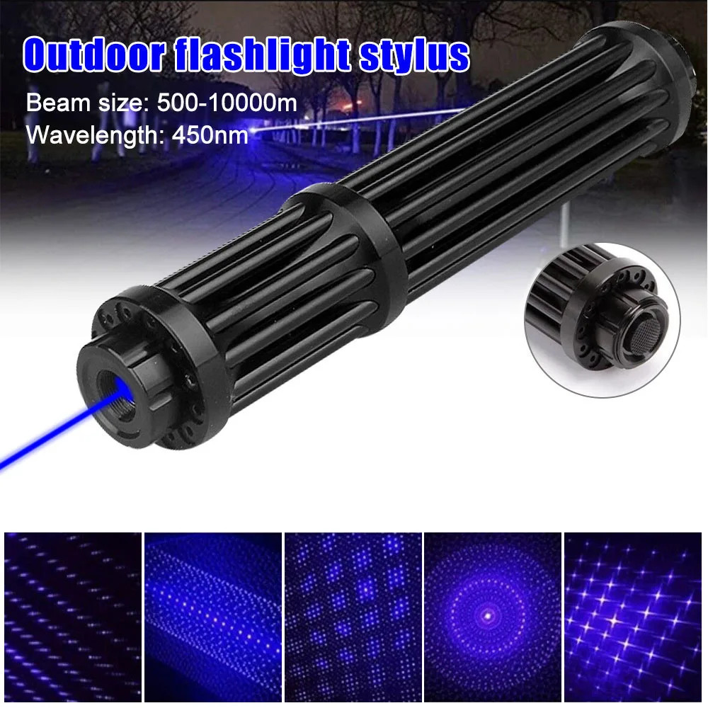 21cm Blue Laser Pointer LED Outdoor Flashlight Zoomable Waterproof for Camping Hiking Fishing