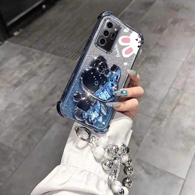 Airbag Glitter Mirror Rabbit Phone Holder Case On For Samsung Galaxy Note 10 20 Ultra Plus Note20Ultra 5G Anti-knock Stand Cover
