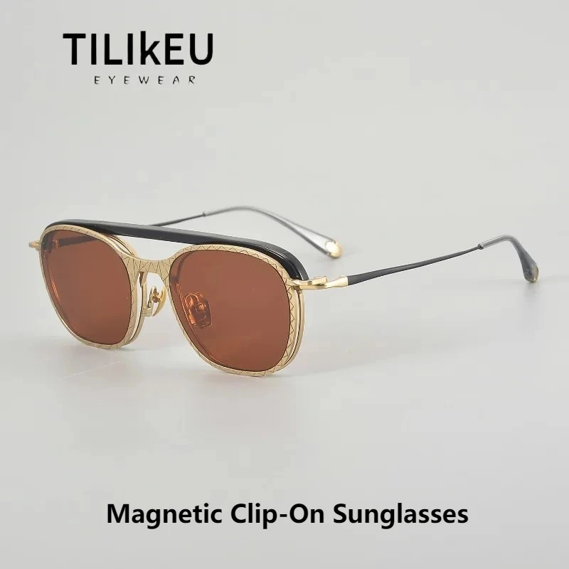 

Handcrafted Pure Titanium Magnetic Clip-On Glasses Frame Men Outdoor Dual-Use Double Bridge Square Shades Anti-Glare UV400 gafas