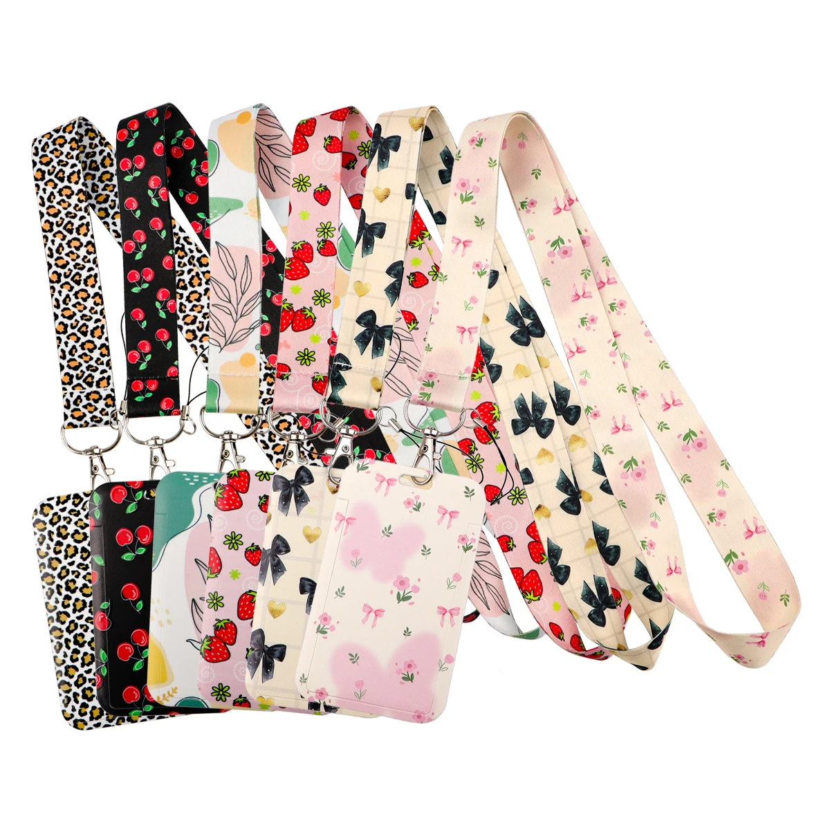 Retro Flower Cherry Bow Lanyard Neck Strap Keychain ID Card Cover Badge Holder Mobile Phone Hang Rope Keyring Accessories Gifts