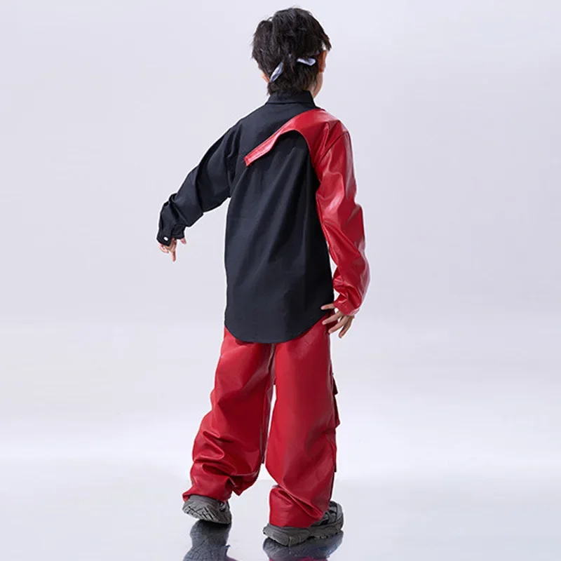 Costume Hip Hop rouge pour filles, haut court, couvre-bras rouges, pantalons en cuir pour garçons et enfants, vêtements de Jazz, ensemble de scène de danse de rue