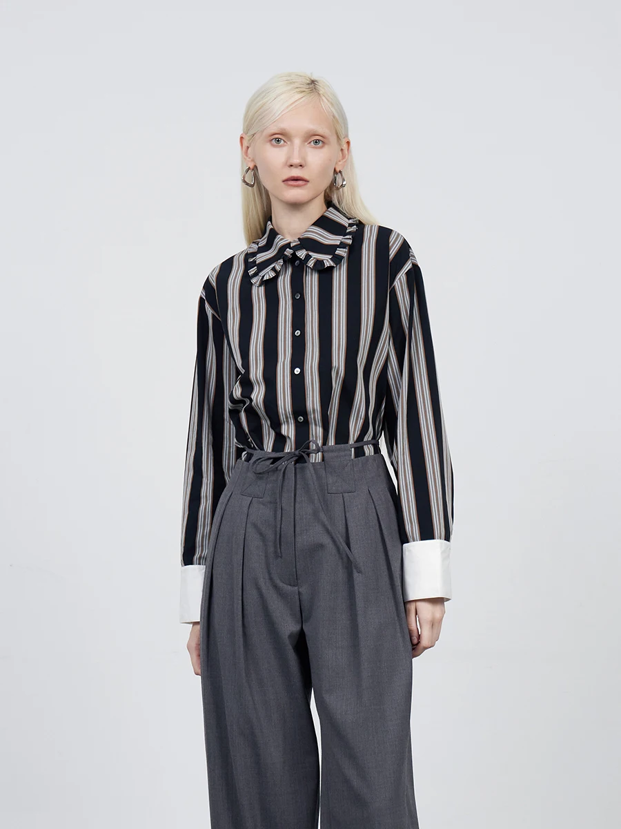 

Ele Gentleman's Plaid Loose Long Sve irt Lightly Brued Color Blo Doll Collar MeeMeeLab Original Women's irt