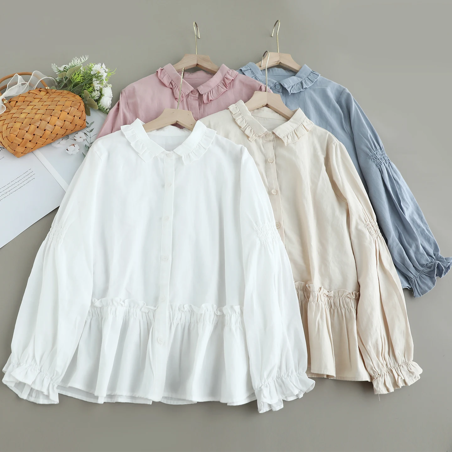 

Japanese Sweet Mori Girl Solid Color Ruffles Cotton Shirts Women Autumn Turn Down Collar Long Sleeve Casual Loose Blouse Tops