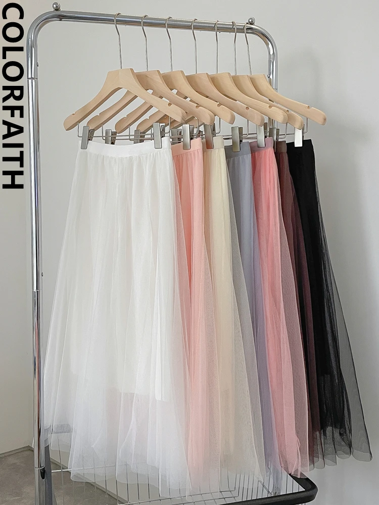 Colorfaith New 2022 Chic Fairycore Mesh Sweet Pleated Tulle Flared Ball Gown High Waist Spring Summer Women Long Skirt SK1673JM