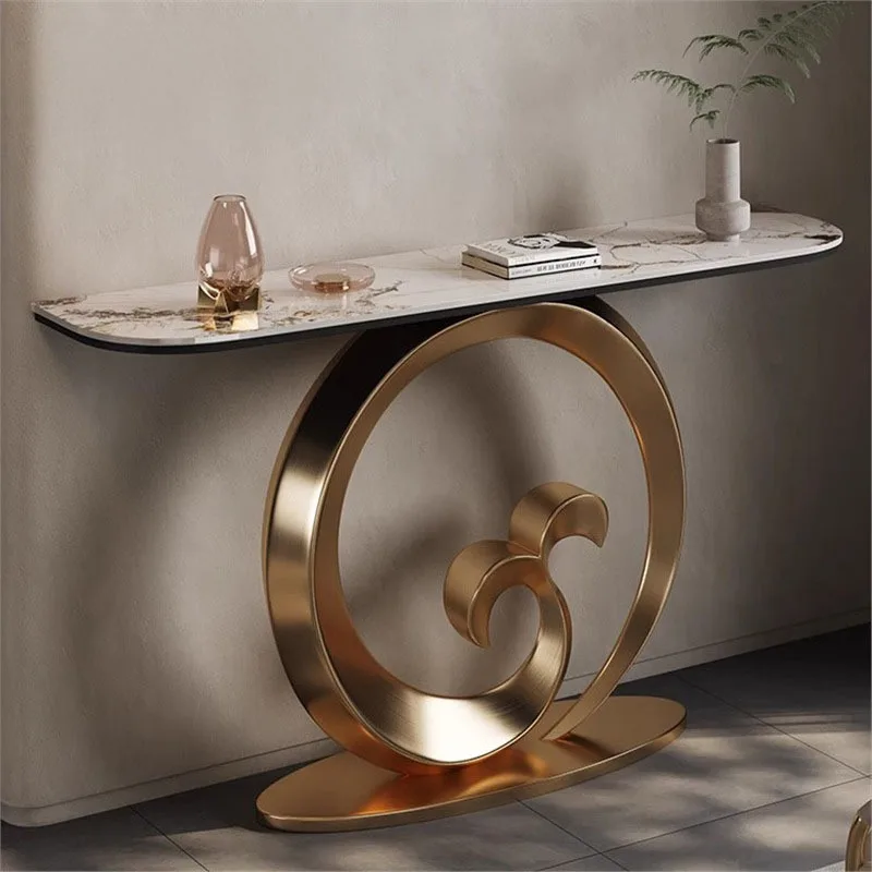 Italian light luxury high-end villa entry stainless steel rock slab entrance table, aisle foyer against the wall art end table
