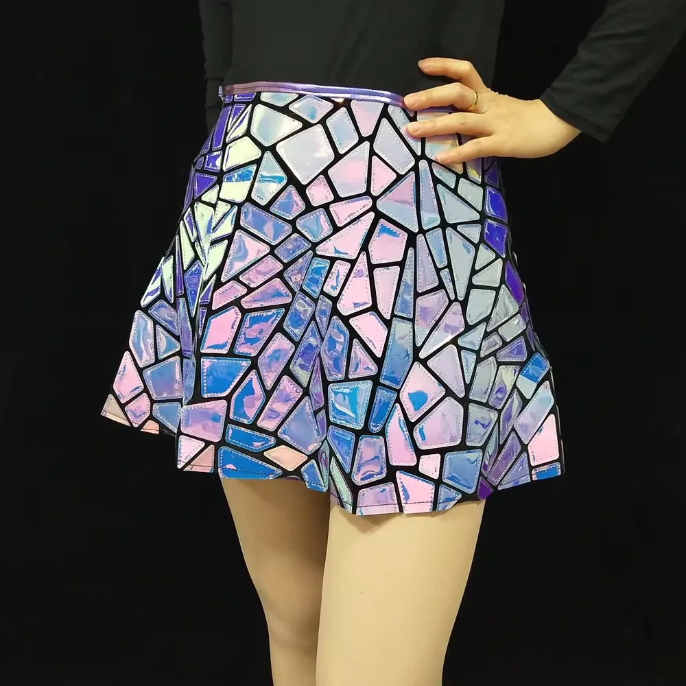 섹시한 짧은 치마 스팽글 퍼플 블루 레이저 미러 댄스 의상 나이트클럽 클럽 파티 드레스 무대 의상 가수 공연 의상