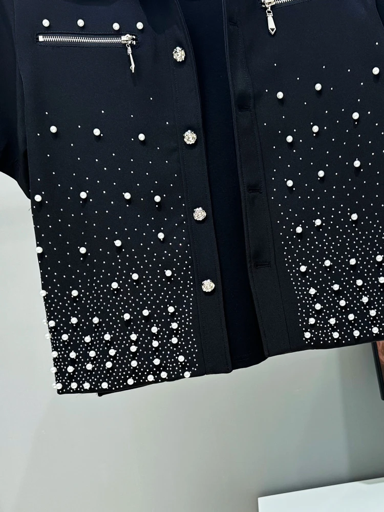 2025 Summer New High-end Coats Male Zipper Decoration Hot Diamond Short Sleeve Black Jackets Trousers Men's Pearl Pants Sets