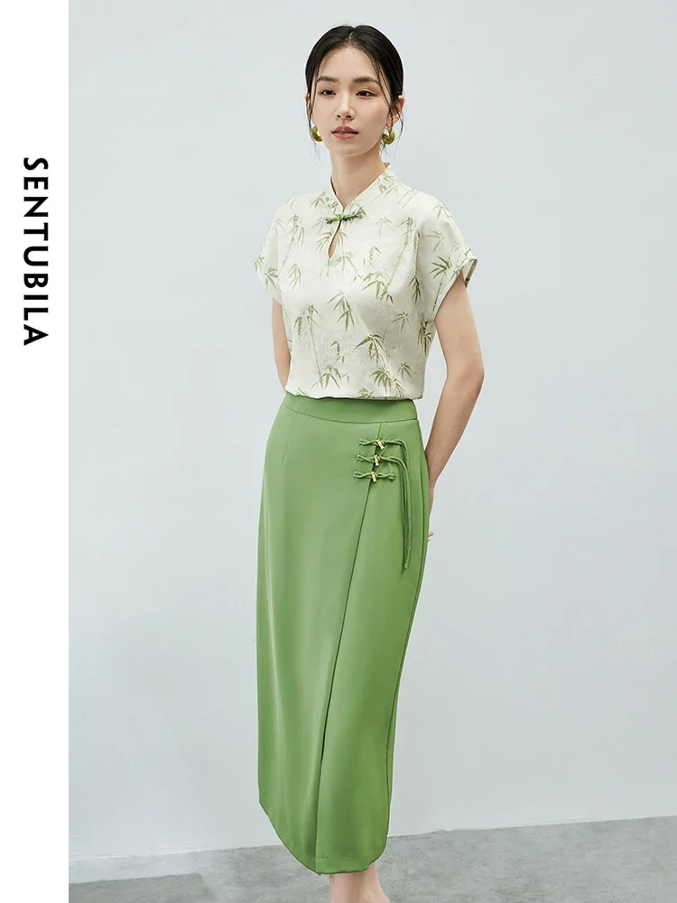 

SENTUBILA Chinese Style Skirts Set Stand Collar Printed Top Straight Split Midi Skirt 2025 Summer Woman Outfit Elegant 142Z54594