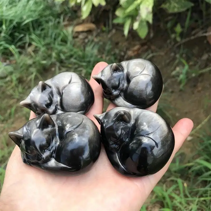 Natural Silver Obsidian Sleeping Cat Carving Animals Ornaments Statues Gift Healing Crystals Crafts Home Decoration 1pcs