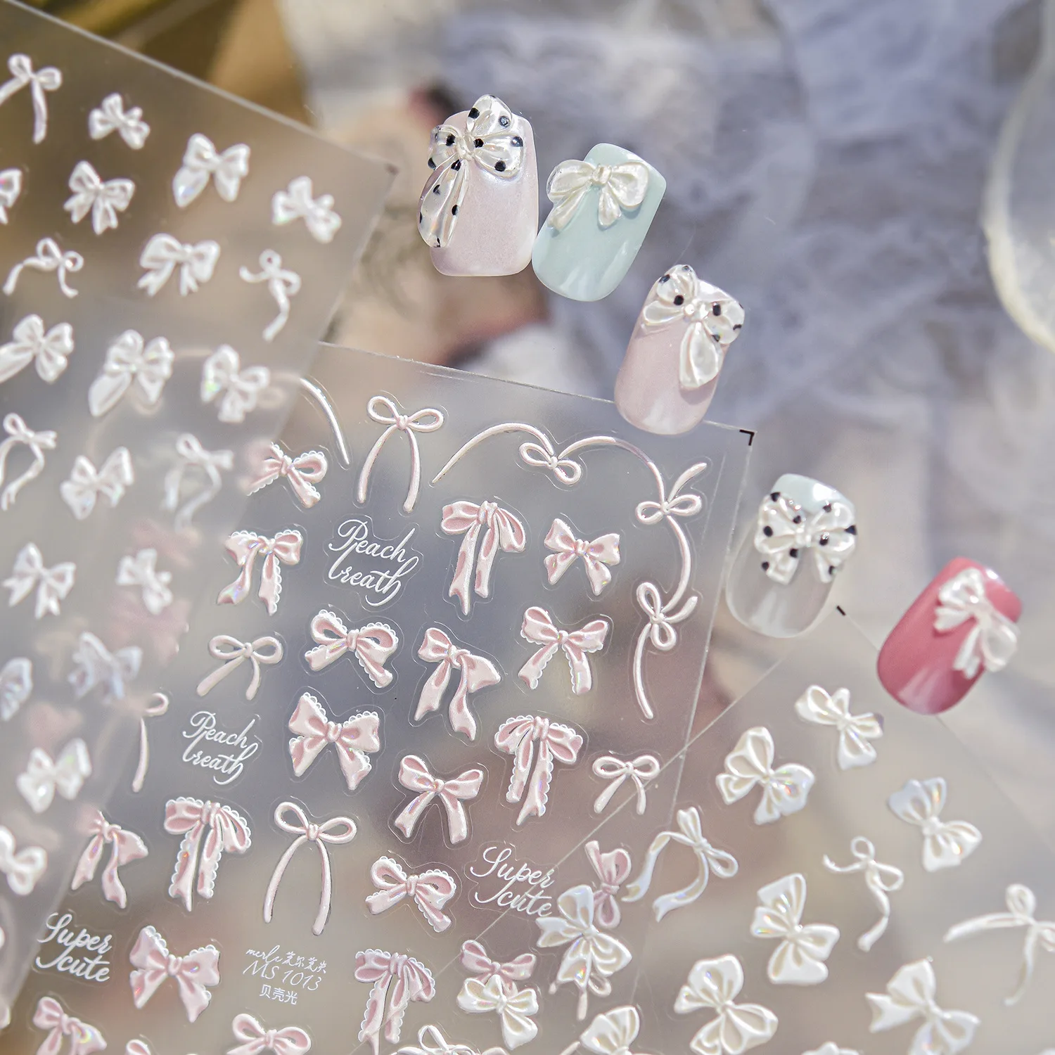 6Style Shell Glossy Nail Stickers Missed Collaboration Modern Minimalist Polka Dot Bow Stickers Nail Art Decoration