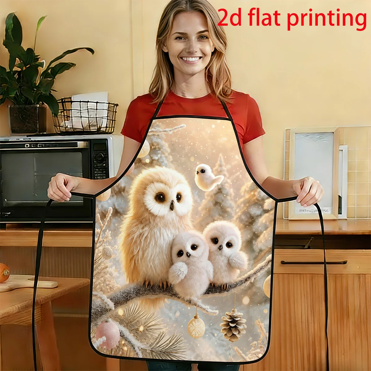 1pc 2D Flat Fairytale-Style Snowy Forest Owl Parent-Child Pattern Printed Apron Durable And Easy To Clean Adjustable Waistband A