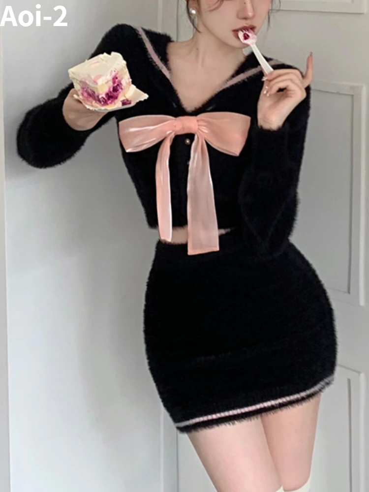 Sexy Spicy Girl Knitted Suit Women's 2024 Autumn/Winter New Bow Plush Top+Hip Short Skirt Korean Academy Style 2-Piece Set