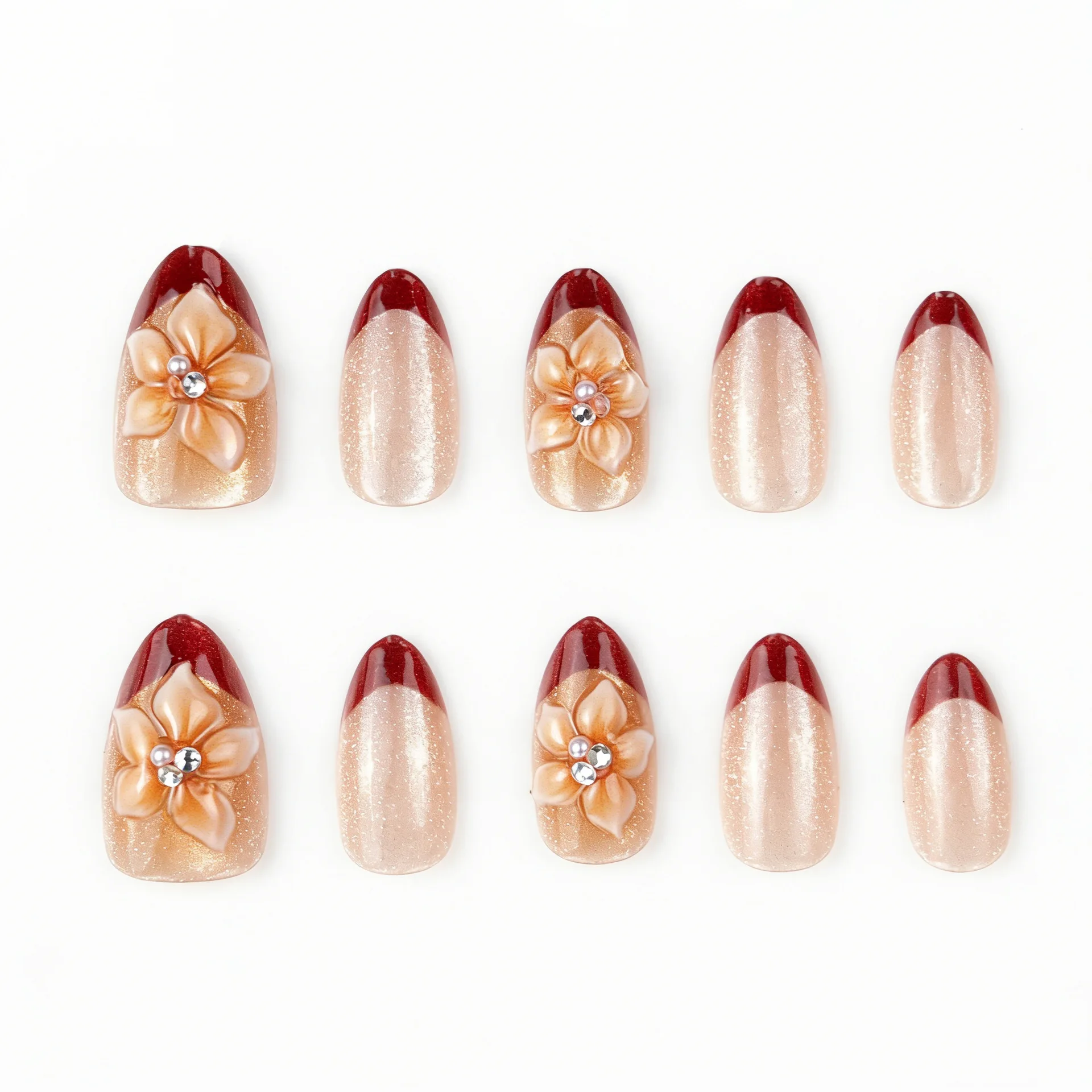 24 pièces 3D amande florale presse sur ongles ensemble à la main diamants avancé marron français faux ongles quotidien exquis doux frais faux ongles