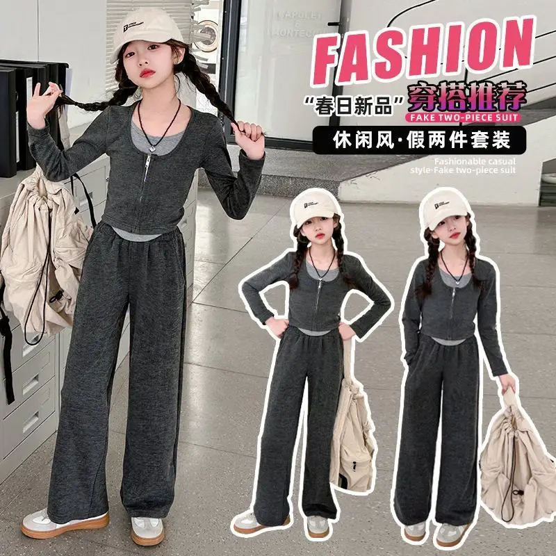 

Костюм для девочек: футболка + широкие свободные брюки, весна 2026, размеры 4, 8, 10, 11, 12, 14 лет, детский спортивный костюм, свитшот, укороченный топ