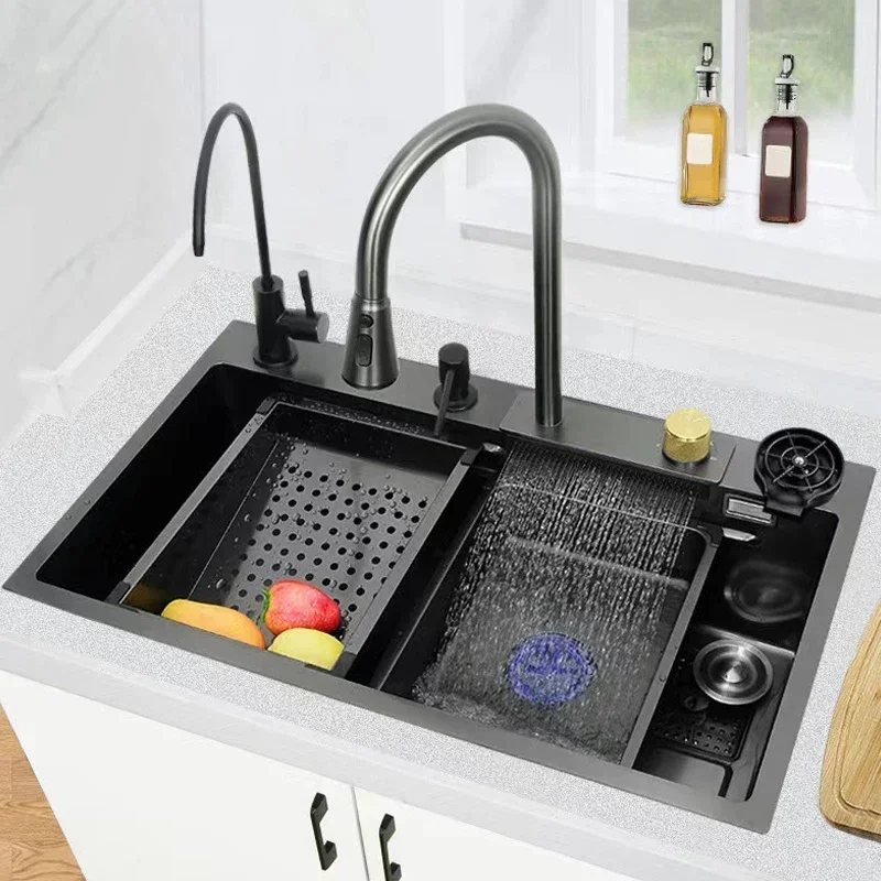 

Kitchen Sink Large Multi Size Black Grey Nano Washbasin Waterfall Single Bowl Countertop Undermount Drainer