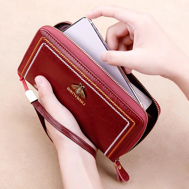 Woman Large Capacity Long Zipper Wallet Cow Genuine Leather Clutch Bag Lady Travel Credit Card Purse for Birthday Gift