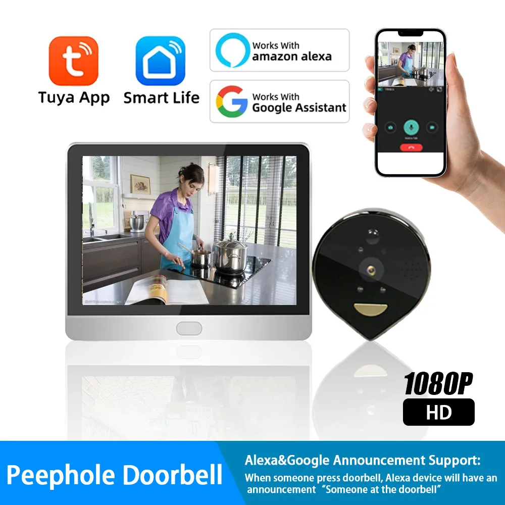 3MP Smart Life Tuya 1080P WiFi Door Bell Eye Peephole Camera 5000mAh Battery PIR Motion Detector IR Alexa Google Digital Viewer