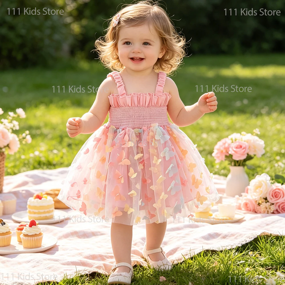 2026 Children's Summer New Style Butterfly Wing Suspender Tulle Dress Kids Girl Birthday Party Gown Girls' Mesh Princess Dresses