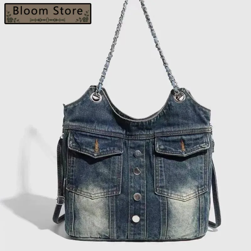 

Bloom Hot Girls Denim Shoulder Bags Women Vintage Haruku Pocket Large Capacity Handbag Ladies Retro Casual Underarm Bag Y2k