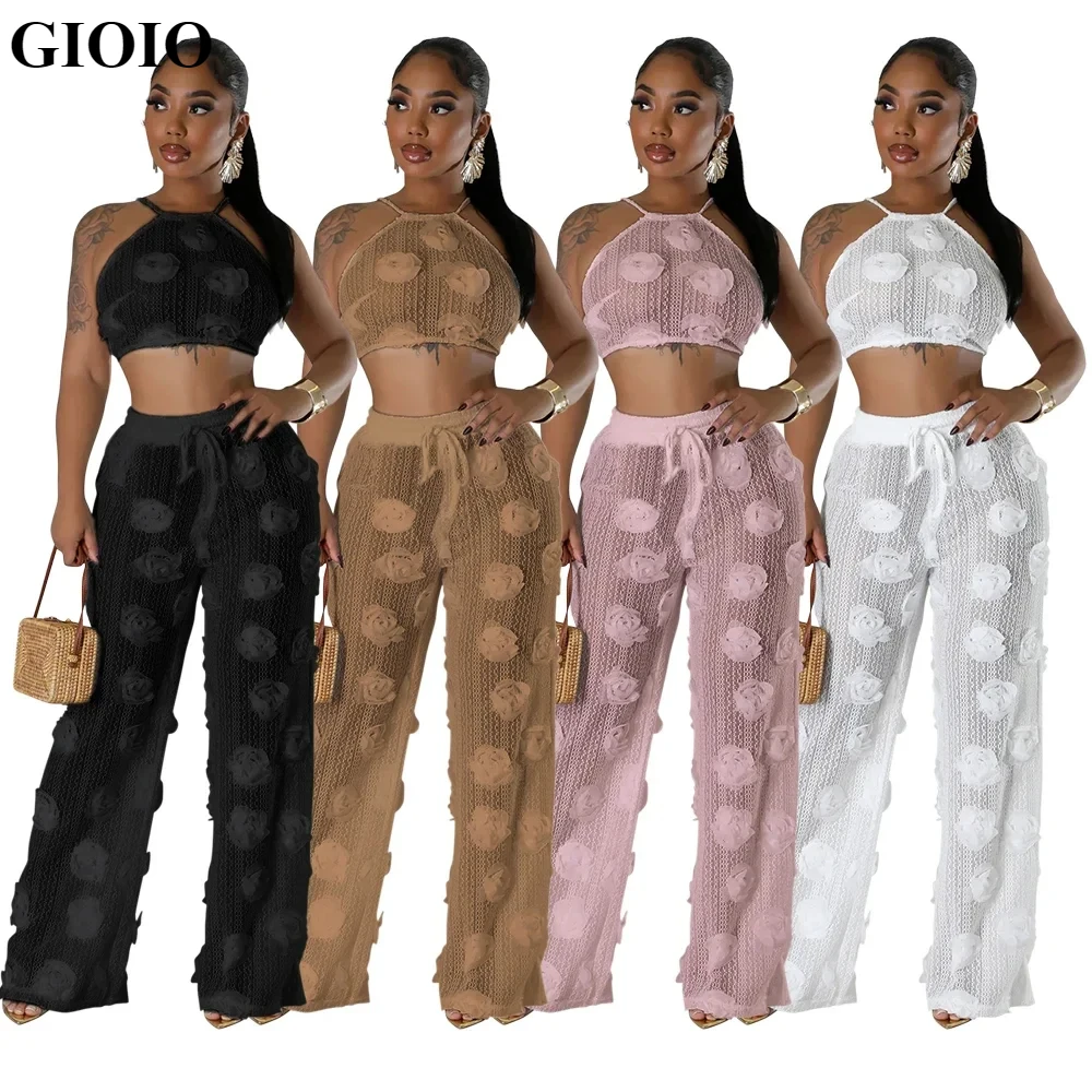 

GIOIO New fall mesh see though two pieces pants set with halter tube top and high waist straight leg pants