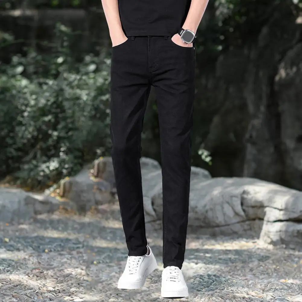 Men Casual Trousers Business Style Men's Slim Fit Trousers Breathable Elastic Pockets Mid Waist for Casual or Formal Wear Solid