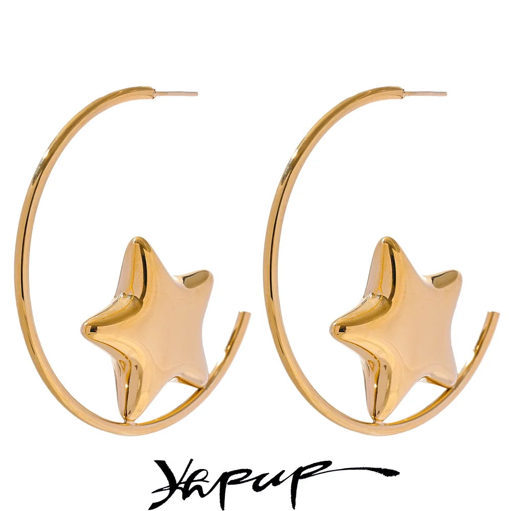 Yhpup Trendy Stainless Steel Round Sleek Star Huggie Earrings for Women Prevent Allergy Metal Temperament Fashion Jewelry Gift