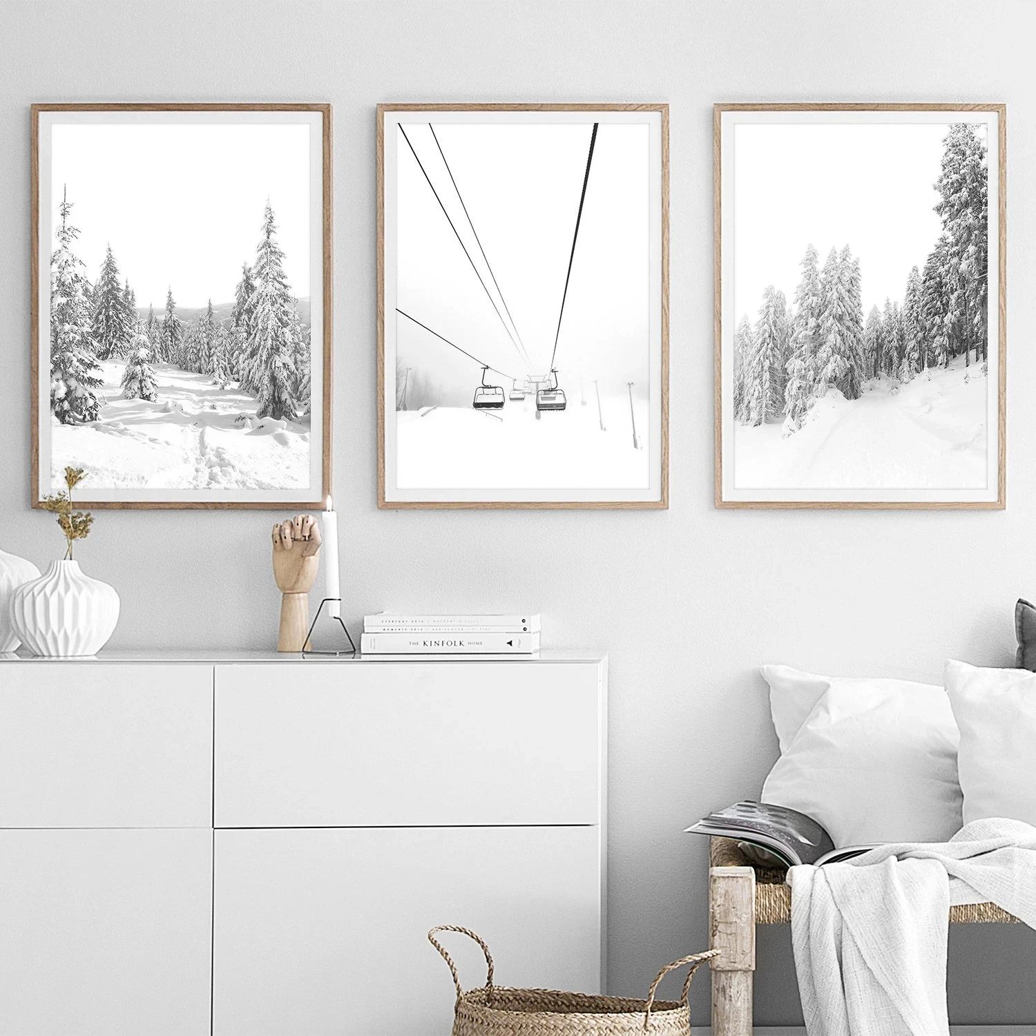 Winter Prints Black and White Print Set of 3 Wall Art Decor Nordic Poster Snow Forest Print Ski Lift Art Chalet Decor Ski Print