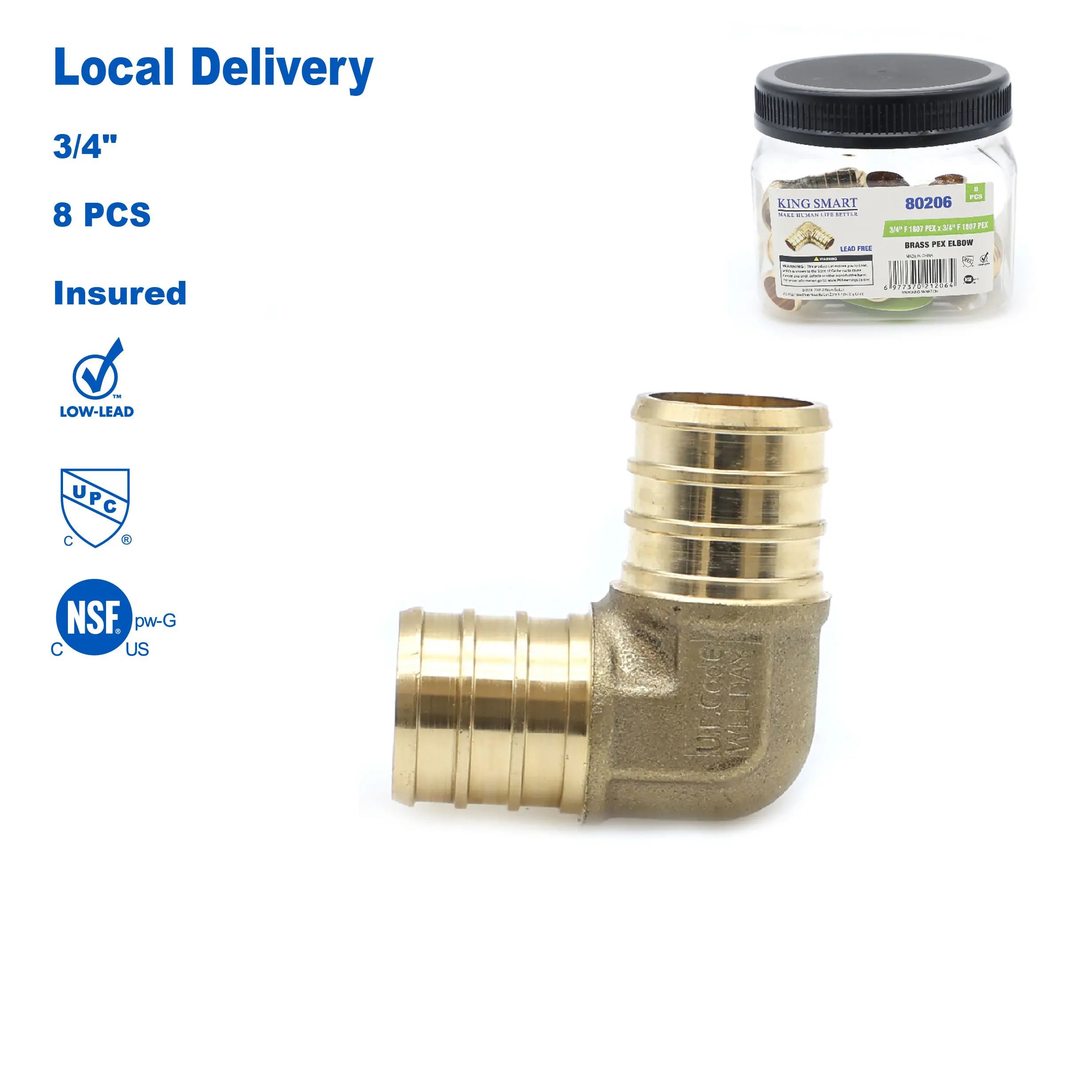 

KING SMART 3/4" Crimp/F1807 PEX Elbow;Suitable for PEX B/C, PERT Pipe Installation; Lead Free Brass; 8Pcs/Case; 80206