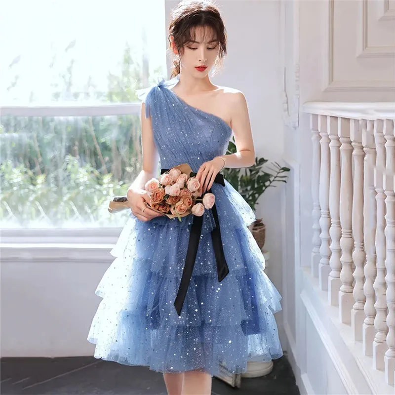 Superior Dress for Women Spring Summer New Solid Color Sequin One-shoulder Lace-up Mid-length A-line Skirt Female Clothing M216