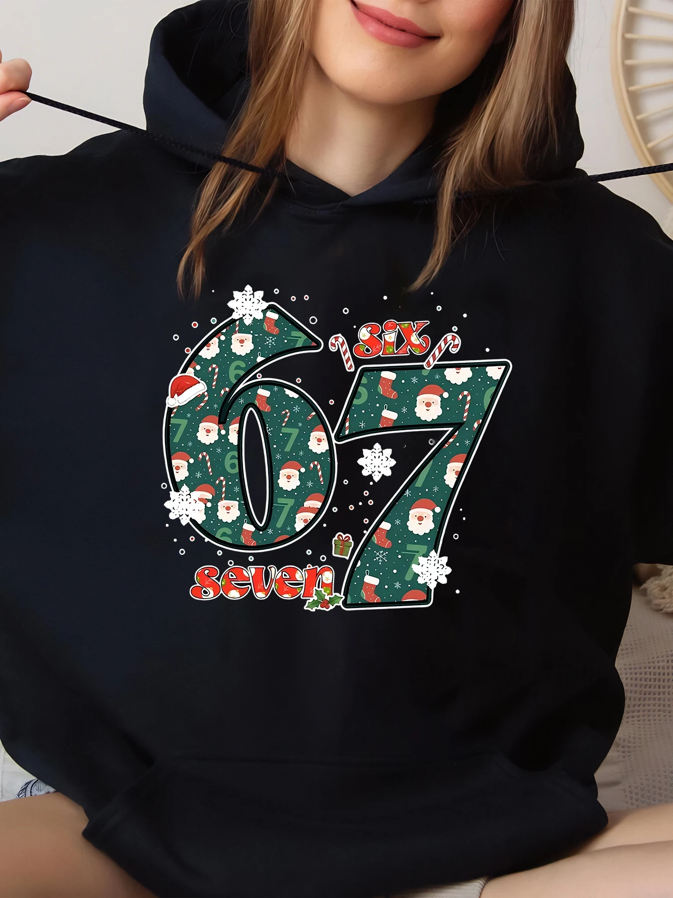 

Christmas 67 Seven Number Print Hoodie Holiday Party Wear Black Big Size
