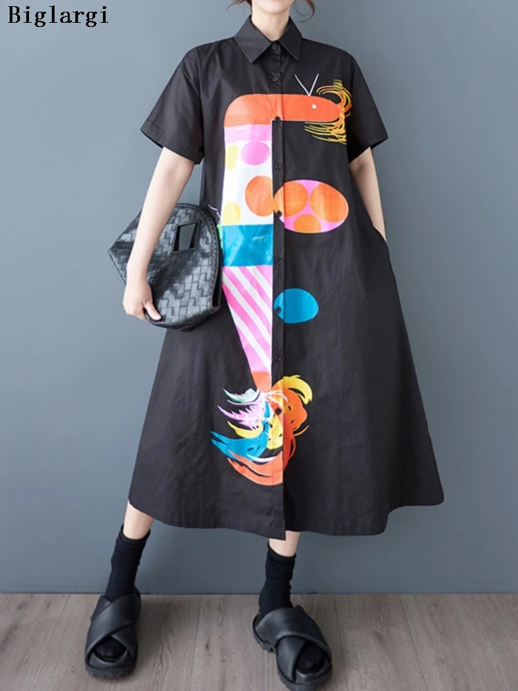 Oversized verão camisa longa vestido feminino graffiti impressão moda casual solto senhoras vestidos mulher vestido