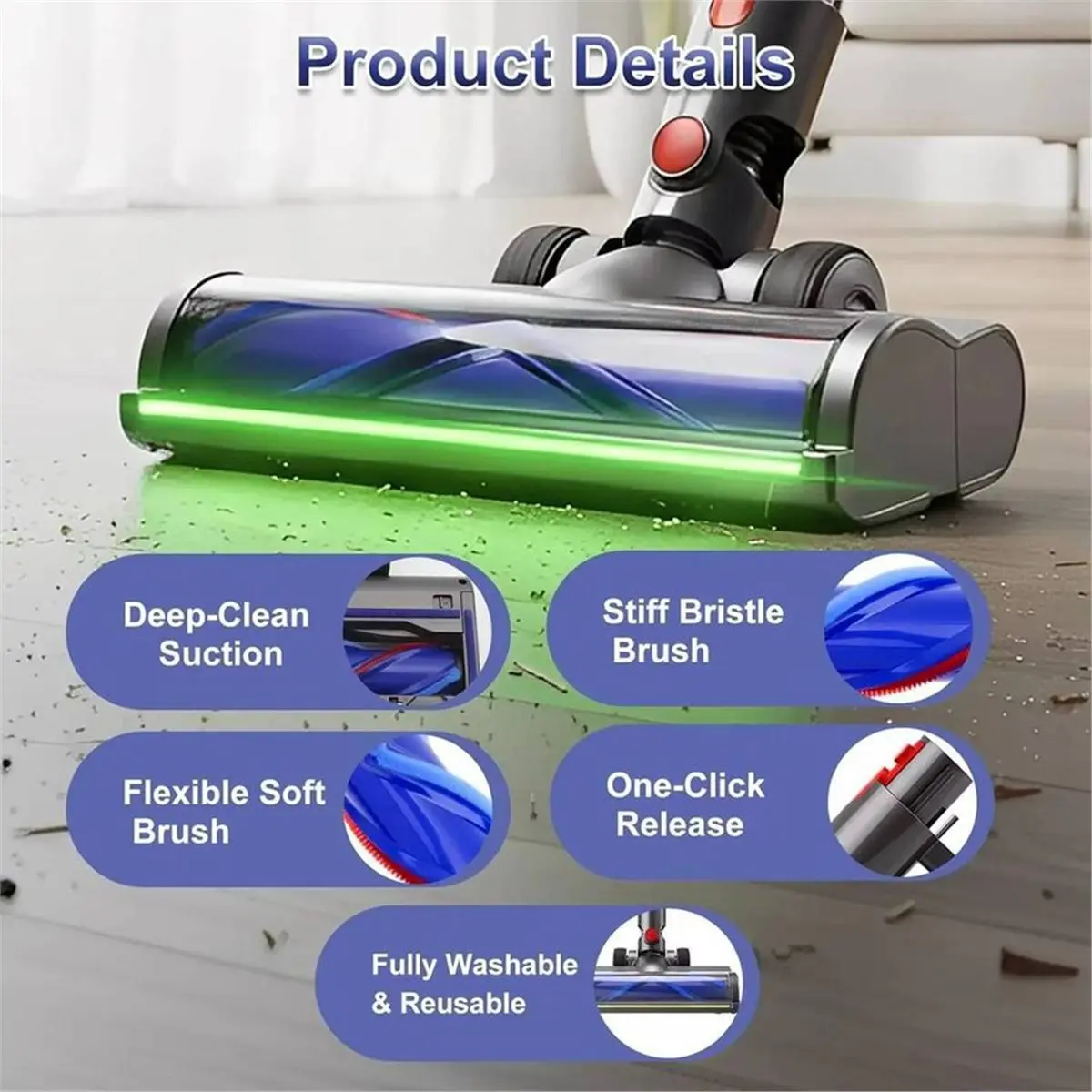 

Насадка-щетка A64E для пылесосов Dyson V8 V10 V11 V15 V7, сменная насадка для твердых полов с зеленым индикатором