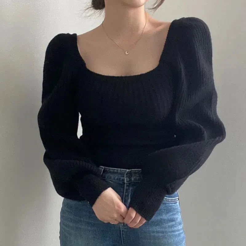 Lucyever Sexy Low-Cut Square Collar Sweater Woman Vintage Puff Sleeve Slim Fit Knitted Jumper Autumn Winter Elastic Knitwear