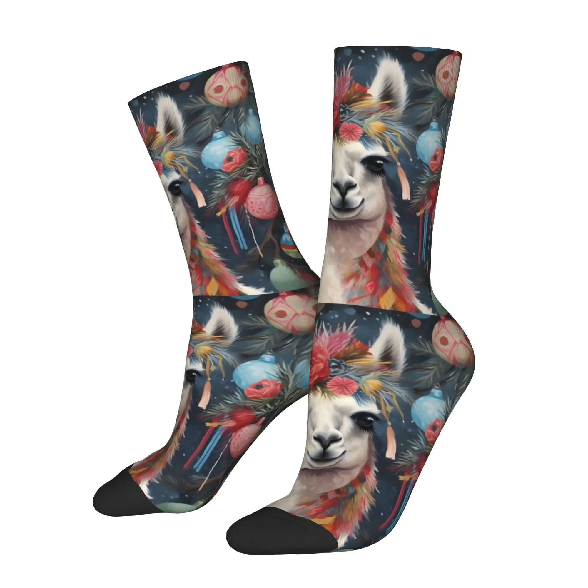 1pc Fabulous Llama With Christmas Baubles Printed Men's Socks  Novelty Hip Hop Harajuku Pattern Crew Sock Casual Gift
