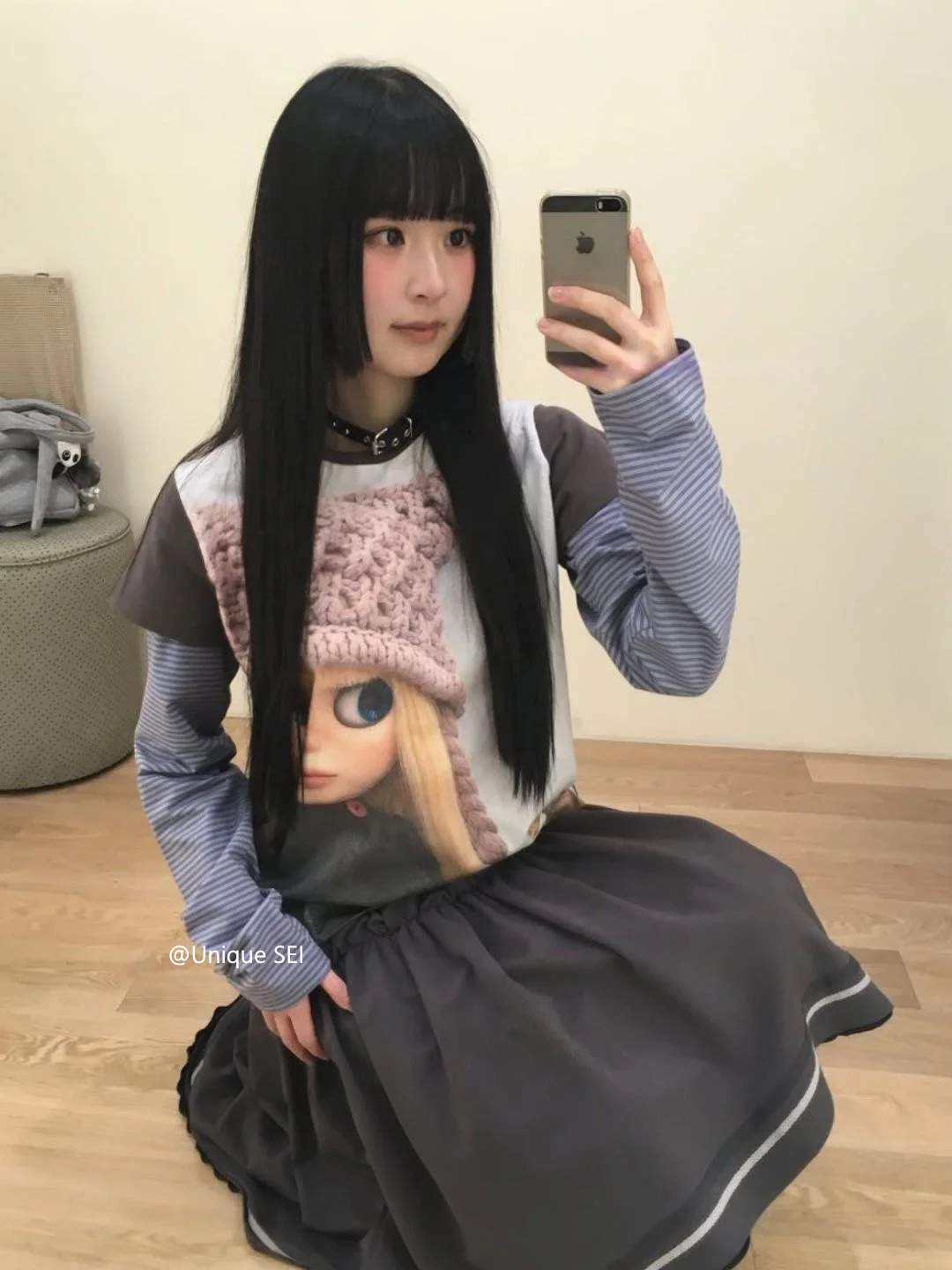 Unique SEI Korean Style Cartoon Doll Print Long Sleeve Patchwork Striped Shoulder T-Shirt Women's Spring Fashion Casual Top