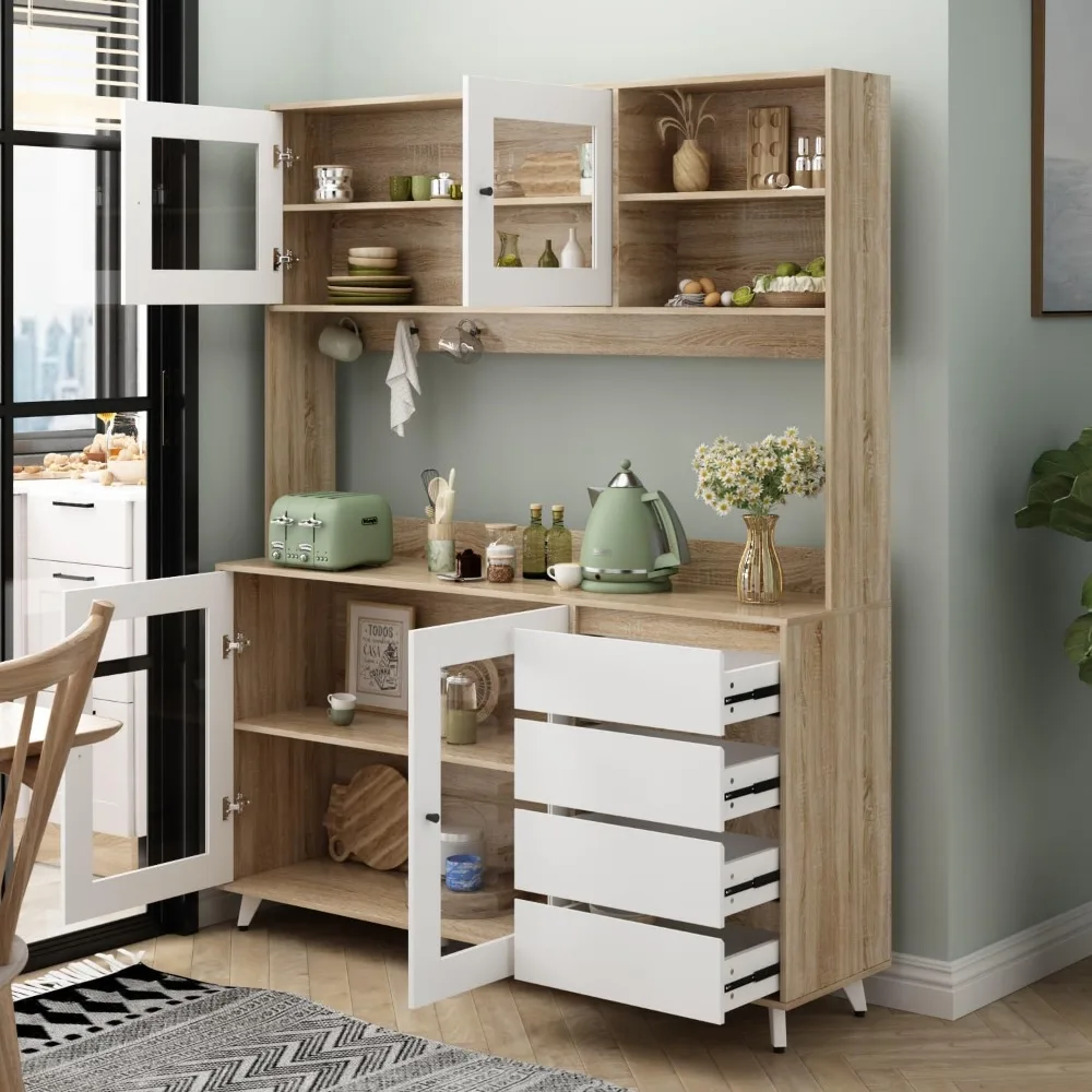 Sideboard with Glass Doors, Shelves & Drawers, Sideboard Buffet Cabinet, Wood Kitchen Cupboard with Hutch, Walnut and White