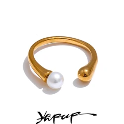Yhpup Chic Stainless Steel Natural Pearl Open Thin Ring for Women High Quality Charm Fashion Finger Jewelry Accessories