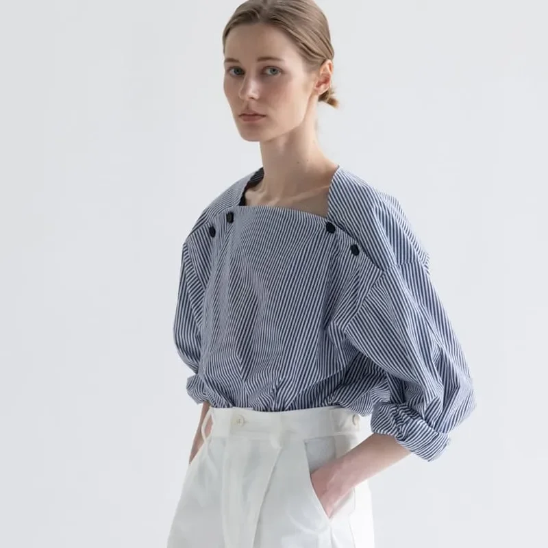 Koreaanse Pop Luxe M Damesshirt Onregelmatige Kraag Losse Gestreepte Top Blouse Met Lange Mouwen Mode Gloednieuwe Dameskleding