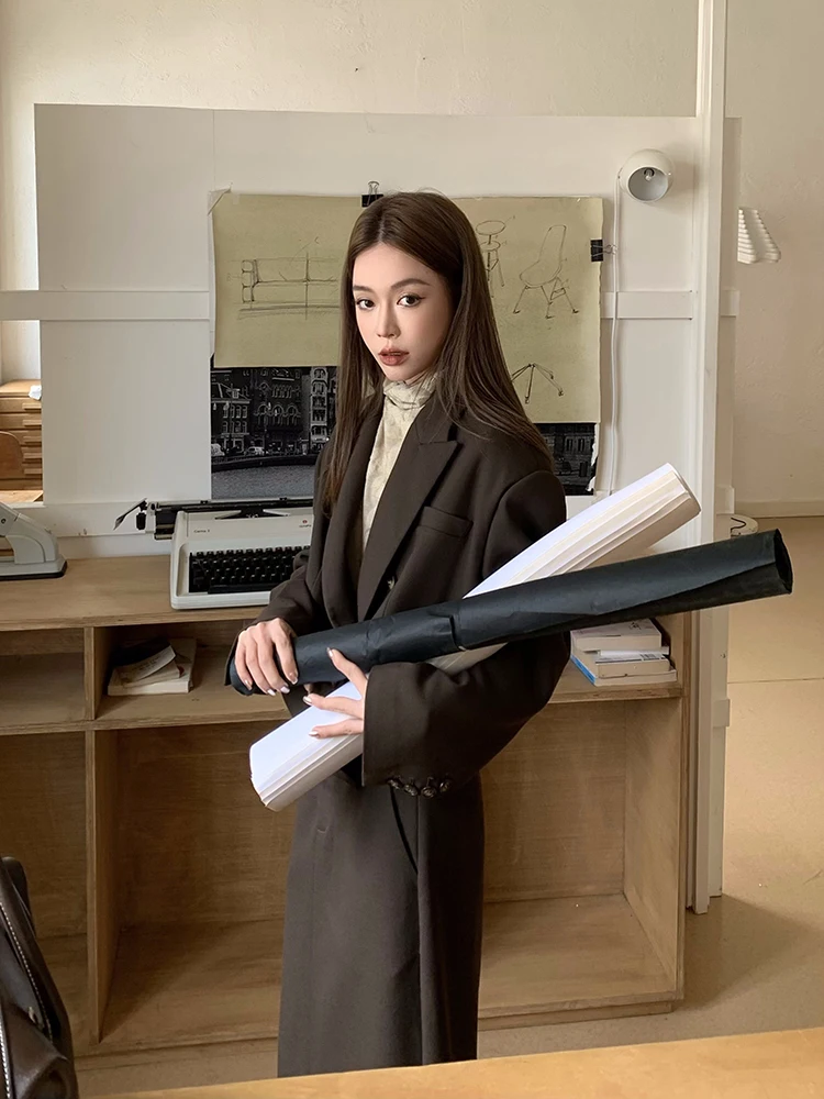 

Коричневый костюм Smol Caramel Cookie Design с застежкой на талии, джет и прямая юбка, модный повседневный комплект, комплект из двух предметов Long Sve