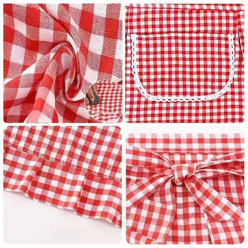 Apron Square Check Half Waist Apron Cotton Material Stain Resistant Breathable Home Cooking Work Clothes Kitchen Accessories