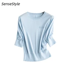 Women 5% Mulberry Silk Knit T-shirt Spring Summer Thin Half Sleeve Knitwear Pullover Tops
