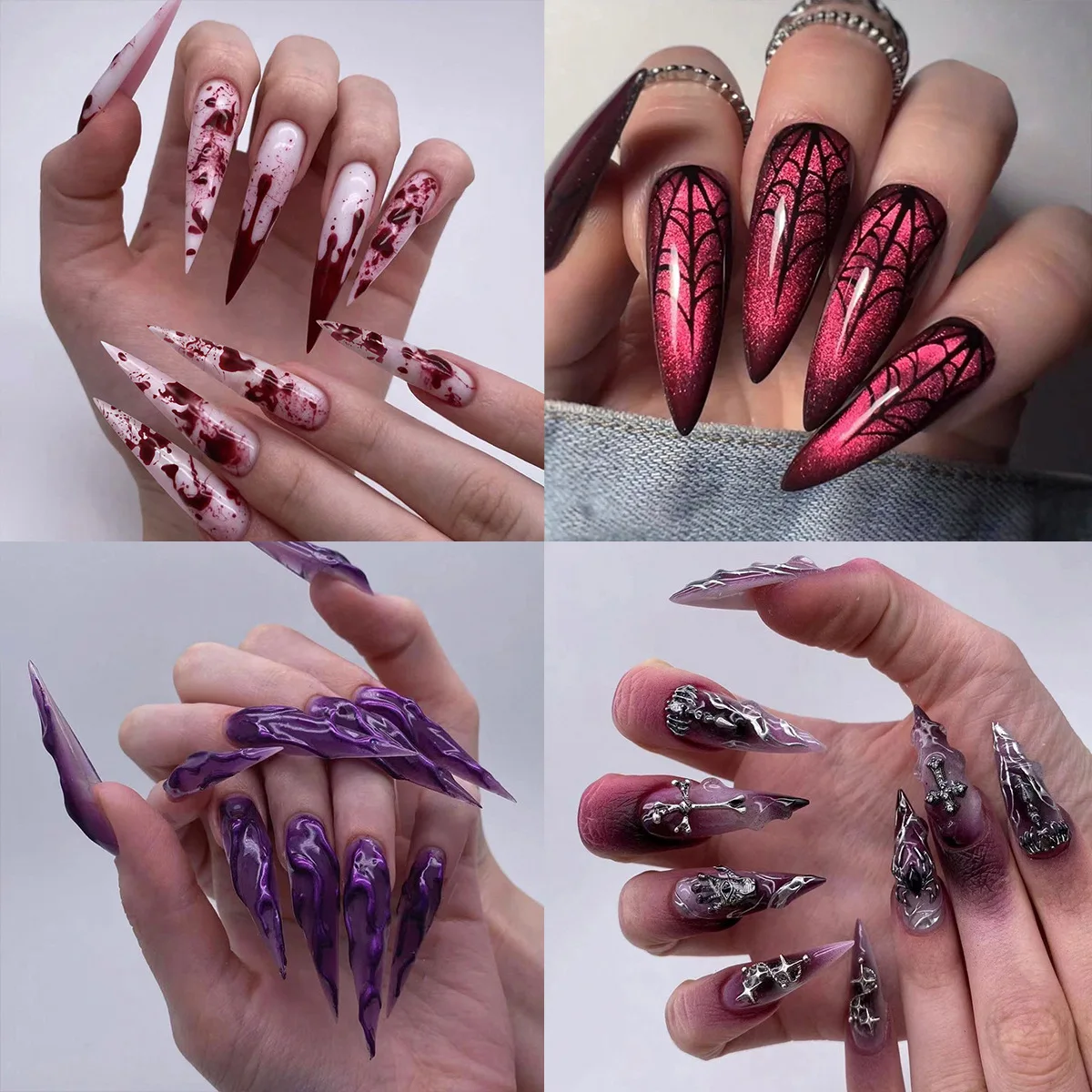 

24 Pcs Halloween False Nails Press on Nails Halloween Long Fake Nail Tips Acrylic 3D Decorated Nails Gothic Fake Nails Charm
