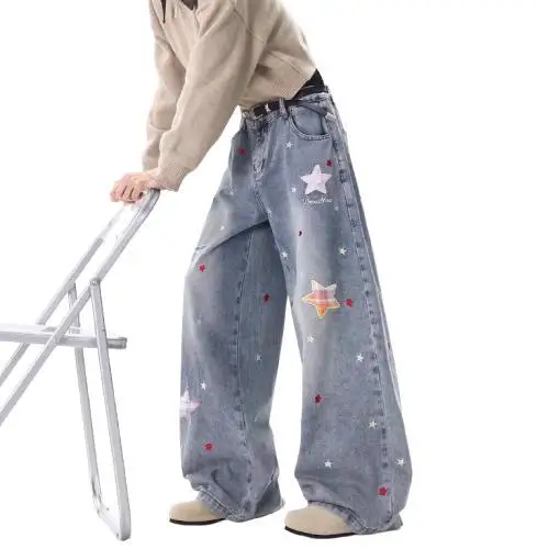 American Retro Star Patch Jeans Wide-leg Trousers Men's Straight Trousers