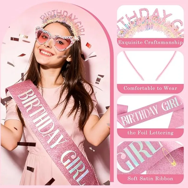 3pcs/set Birthday Girl Sash Glitter Hair Hoop Tiara Crown Sunglasses Set Pink Party Accessories Women Princess Outfits Gifts - view 2