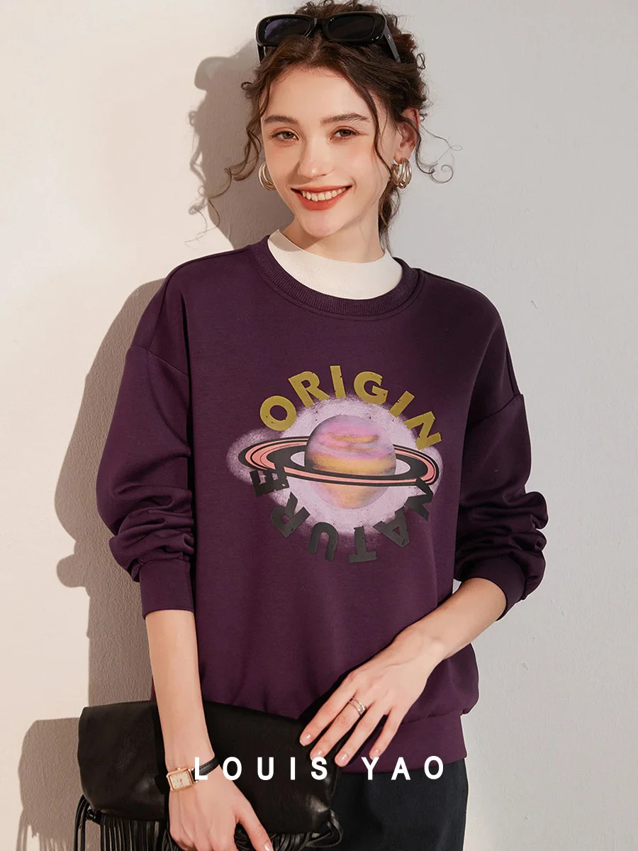 LOUIS YAO Women's Sweatshirts 2026 Autumn Contrast Printed Planet Pattern Hoodie Round Neck Loose Edition Women's Hoodie