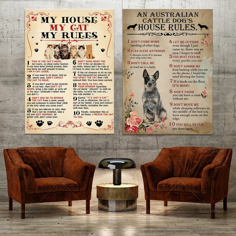 Australian Cattle Dog House Rules Poster Funny Cat Art My House My Cat My Rules Cute Decoration for Kitten Lovers