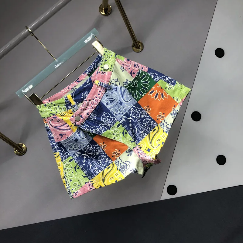Streetwear Irregular Print Denim Shorts Women's 2025 Summer New Versatile High Waist Thin A Line Wide Leg Shorts Female Culottes